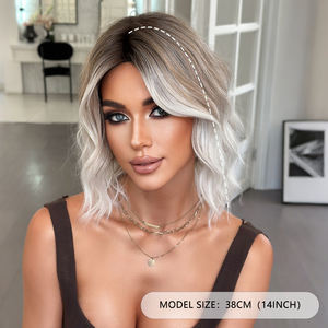 Perruques 16 pouces pour femmes 7JHH Labo Brown Top Dye <span class=keywords><strong>cheveux</strong></span> ondulés bouclés avec franges perruque naturelle pour un usage quotidien Ombre <span class=keywords><strong>gris</strong></span> - Product Image 3