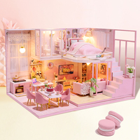 Sujetalibros de madera hecho a mano al por mayor, casa de muñecas moderna rosa estilo loft con LED, regalo romántico y artesanal para cumpleaños de niña