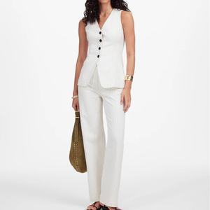Conjunto de Dos Piezas de Ropa de Mujer, Elegante, de Lino y Algodón, con Cuello en V y Botones, para Verano - Product Image 1