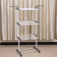 Séchoir à linge pliable télescopique détachable léger à 4 niveaux et double pôle en métal enduit de poudre avec roues