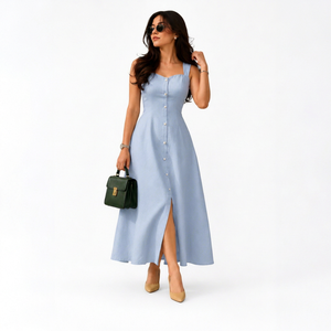 Robe midi bohème d'été en coton à col halter pour femme - Tenue décontractée sans manches boutonnée à ourlet évasé écologique taille XL - Product Image 1