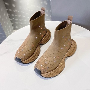 Chaussures de luxe respirantes en maille extensible à tige haute avec strass pour femmes, nouvelles baskets à semelle épaisse scintillantes, chaussures de créateur avec logo personnalisé - Product Image 2