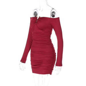 เดรสสั้นรัดรูปแขนยาวเปิดไหล่สำหรับผู้หญิง แต่งระบาย คอรูปตัวยู เหมาะสำหรับงานปาร์ตี้ แฟชั่น - Product Image 6