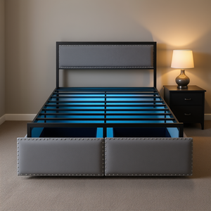 Cadre de lit en métal moderne avec éclairage LED, tailles double, queen et twin, tiroir de rangement, revêtement en microfibre - Product Image 2