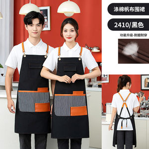 Cross Weave Polyester Cotton Canvas Apron Black With Pockets For Restaurant Bar Workwear Custom Logo Printing - Product Image 4
