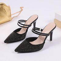 967 Sandales Slingback Sexy à Talons Hauts Pointus avec Strass Thermocollés Noirs Élégants pour l'Été, Grande Taille, Modèle Transfrontalier