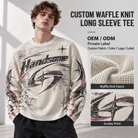 T-shirt personnalisé pour homme, style streetwear, col rond en maille gaufrée, manches longues, impression sérigraphique, épaules tombantes, t-shirts décontractés