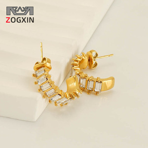 ZOGXIN U-Shaped Stud Earrings Gold 18K Channel Setting Geometric Party Fashion Jewelry - Product Image 1