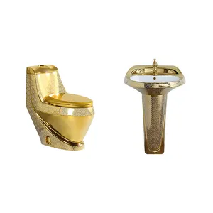 Salle de bain de luxe dorée Sanitaires Suite Wc Cuvette de toilette en céramique une pièce Ensemble de toilette en or avec lavabo sur pied