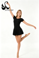 Maillot de Ballet Negro Mate de Manga Corta con Falda para Adultos/Niños, Espalda en U Grande, Traje de Danza para Clases