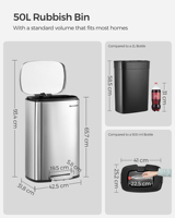 SONGMICS poubelle rectangulaire 50L poubelle à fermeture souple avec seau intérieur en plastique personnaliser poubelle à pédale en acier inoxydable