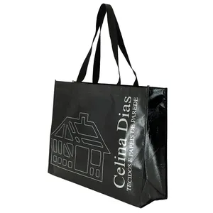 Promocional publicidade holográfica metálico preto laminado prata impressão presente não tecido tote sacola de compras com reforço