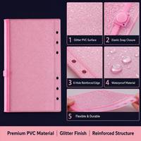 Pochettes de classement à fermeture éclair en PVC pailleté Kaplo A6 à 6 trous, enveloppes de budget étanches pour feuilles mobiles, idéales pour la planification au bureau/à l'école