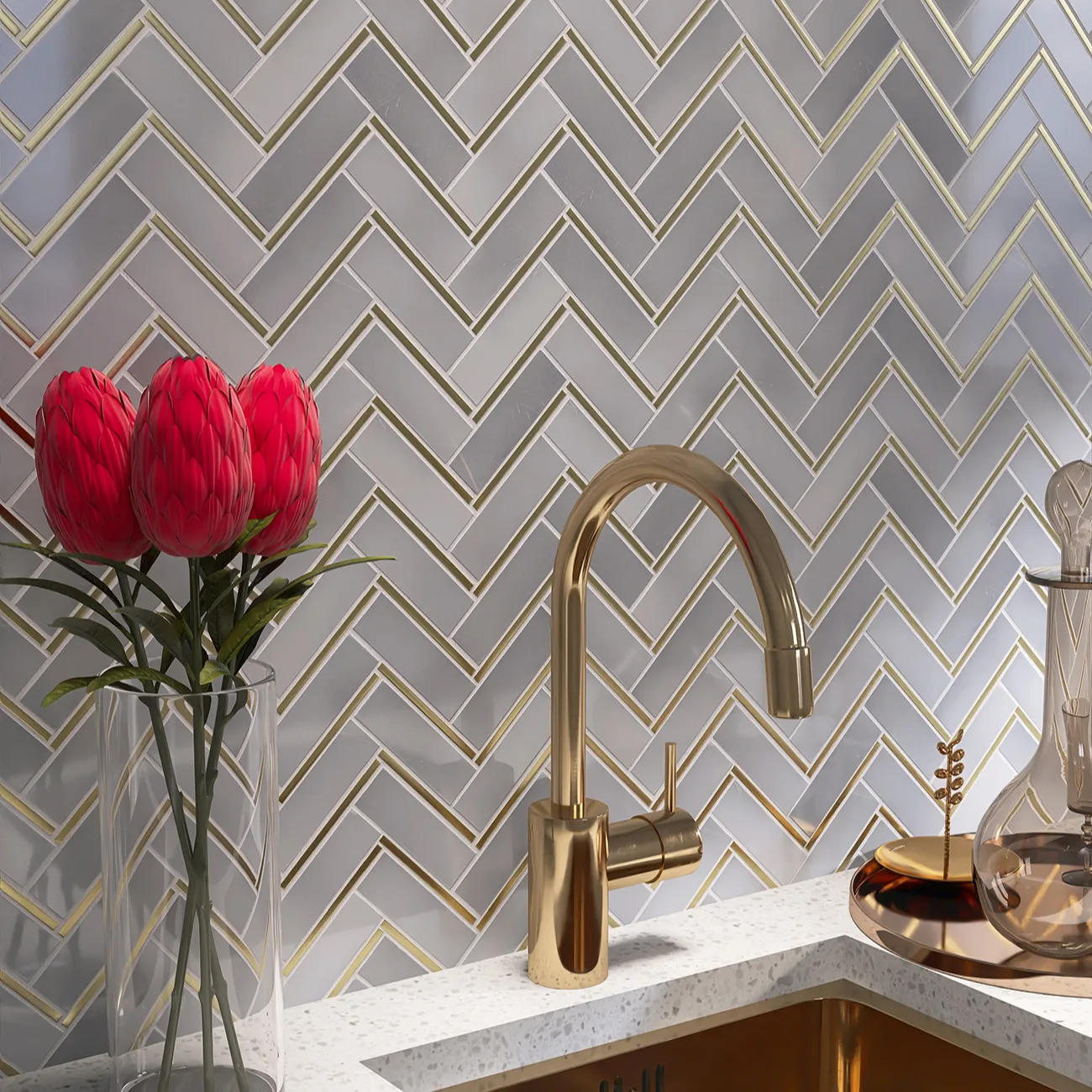 Ubin Dinding Bentuk Herringbone Abu-abu Emas Herringbone Campuran Marmer Mosaik Baja Tahan Karat untuk Backsplash dan Ubin Dinding Latar Belakang