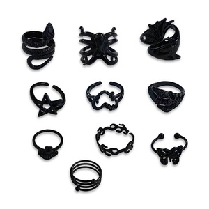 蝴蝶蘑菇星蛇戒指套装朋克饰品10件/套黑色女性戒指 - Product Image 5