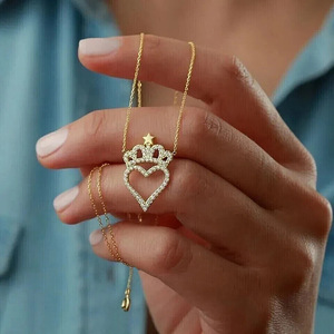 Collana con ciondolo a forma di cuore, corona e stella per donna, gioielli alla moda - Product Image 2