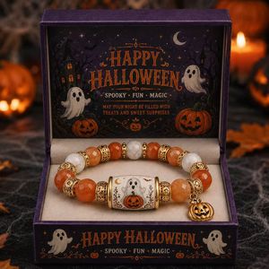 Bracelet à breloques perlé en jade style dessin animé d'Halloween, avec motifs citrouille, chauve-souris et chat, cadeau de bijoux unisexe - Product Image 3