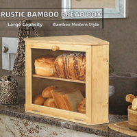 Boîte à pain moderne en bambou à 2 niveaux avec couvercle rabattable et aérations dorsales, grande capacité pour le rangement sur comptoir de cuisine