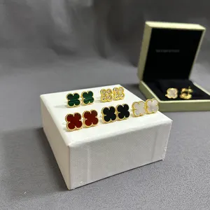 High -quality S925 sterling silver plated 18K gold lucky four -leaf earloggate Agate Pencle earrings fashion set wholesale