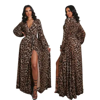 2021 can be customized women's leopard print summer and autumn elegant casual mop leg sexy dress lady
