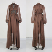 Robe de soirée élégante en mousseline de soie transparente pour femme, col en V, manches longues bouffantes, taille perlée, fluide, modeste, style vintage, vente en gros