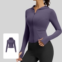 Veste de yoga respirante à capuche pour adultes, printemps-automne, coupe ajustée pour femmes, en spandex/polyester, manches longues, pour la course à pied, le cyclisme et les sports