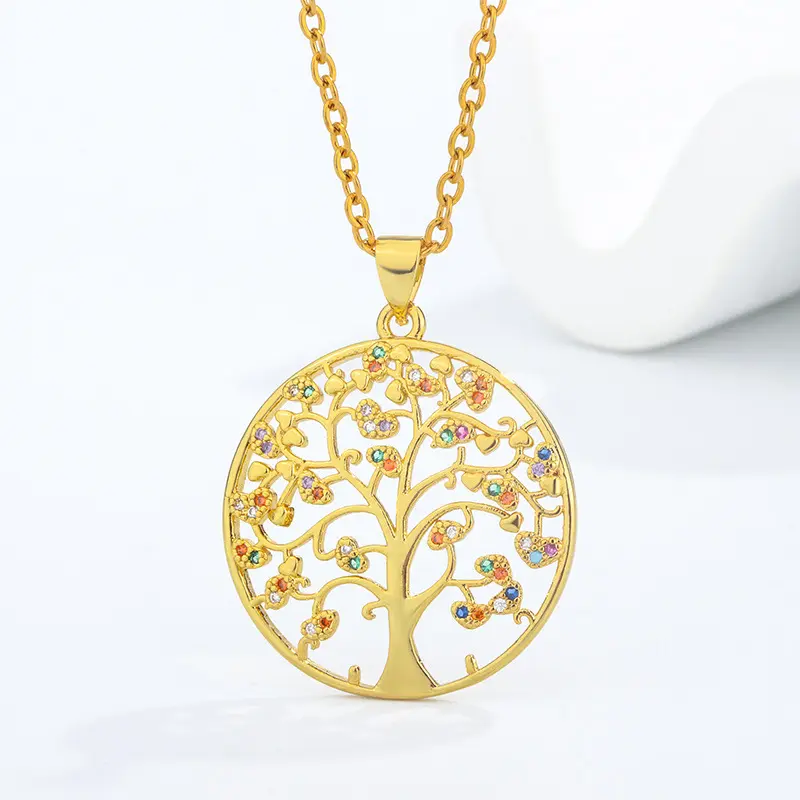 Vente chaude pendentif arbre de vie personnalisé collier creux en zircon coloré pour les femmes