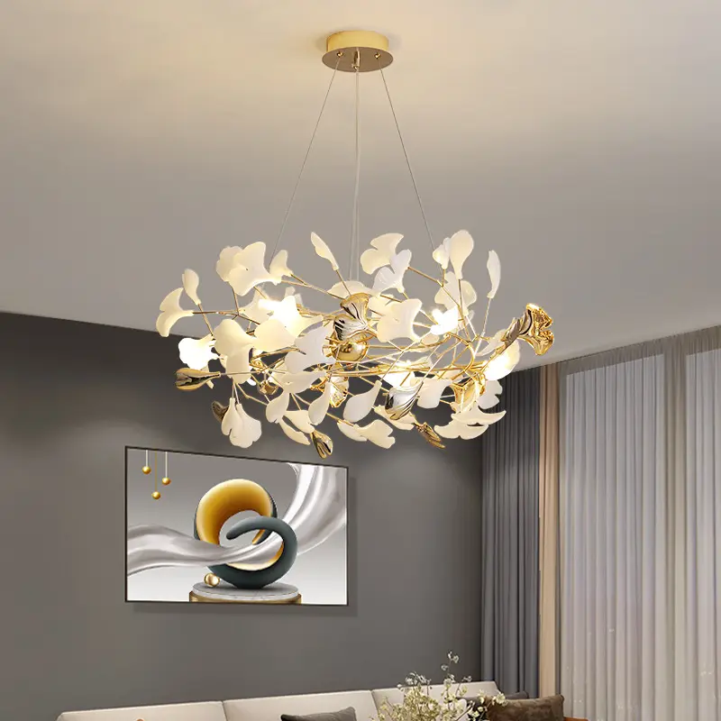 Light Luxury Art Duplex Building Ceramic Ginkgo Leaf Chandelier Nordic Modern Hotel Lobby Bedroom Dining Room Lamp