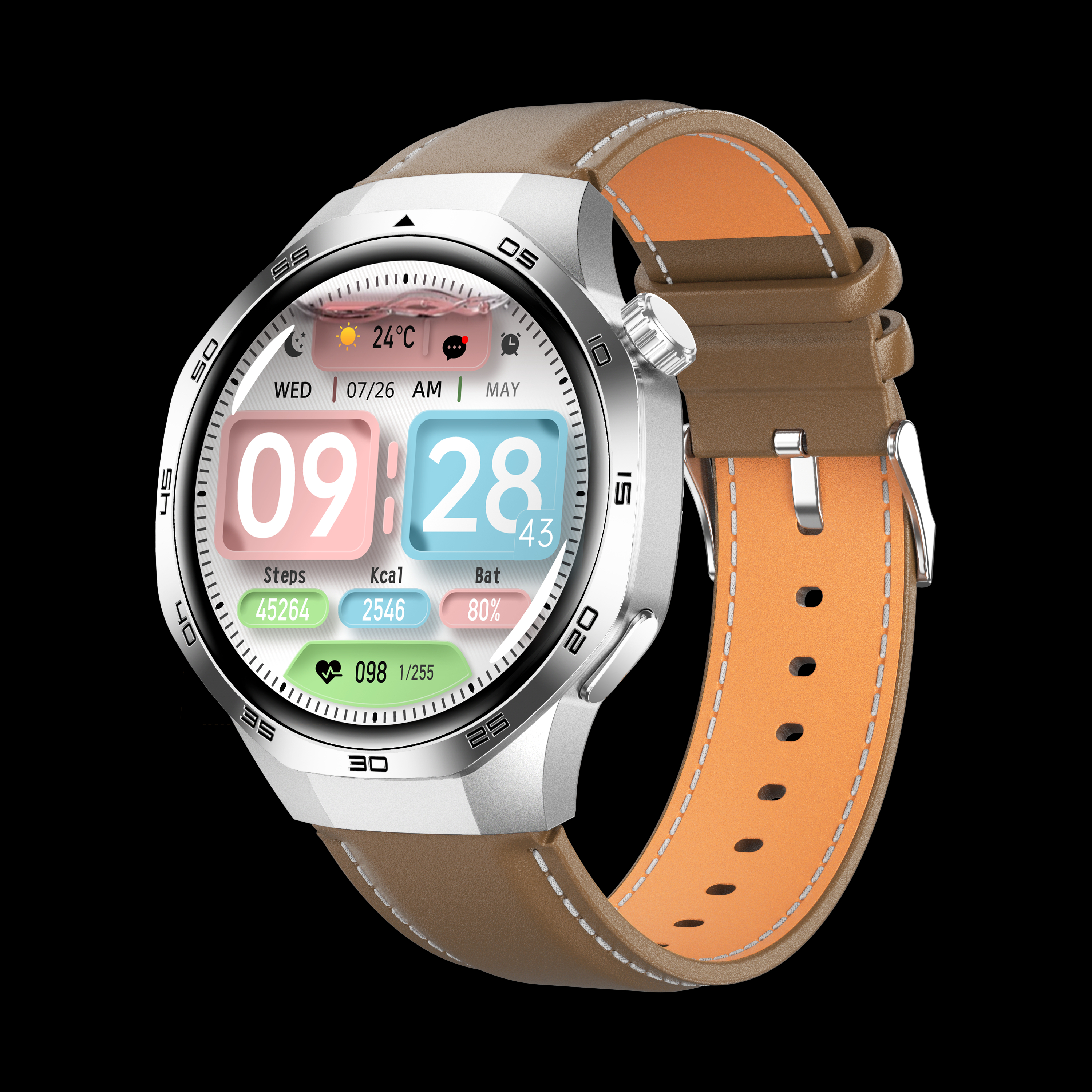 ตัวเรือนสีเงิน+สายหนังสีน้ำตาล