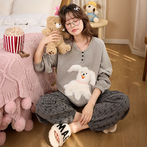 Sleepwear Sets Silk <strong>Wool</strong> Plush Pajamas Women's Autumn and Winter AB Face Crew Neck Warm Girl Can Wear Home Suit - Product Image 4