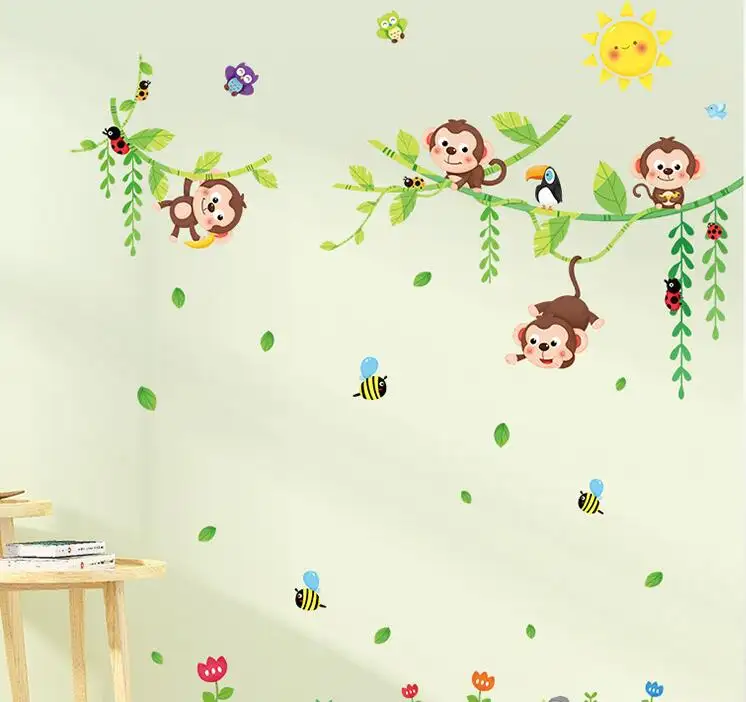 Little Monkeys Tree And Animals Height Kids Wall Stickers Wall Decals Peel And Removable Wall Stickers For Kids