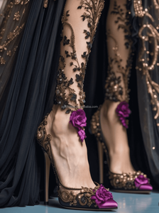 Zapatos de Novia Negros con Flores 3D, Tacones de Aguja con Pedrería, Encaje Negro, Flores de Cristal, Perlas, Sandalias de Tacón, Zapatos de Novia Negros - Product Image 6