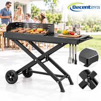 Chariot de barbecue pliable portable en acier noir avec roues, table de cuisson extérieure pour camping