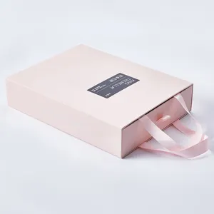 Custom Design Clothing Packaging Pink Hijab Gift Box Drawer Style With Ribbon Handles