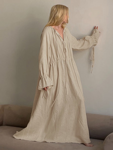 Vestido largo holgado de <span class=keywords><strong>lino</strong></span> y algodón para mujer, verano 2026, personalizado, con manga larga, cordón ajustable y puños acampanados, estilo maxi relajado, de fábrica OEM - Product Image 3