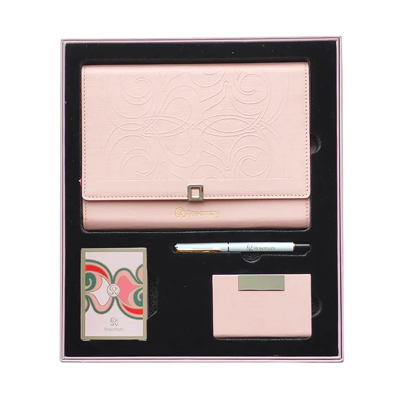 Roze Cadeausets Op Maat Relatiegeschenken Met Logo Naamkaarthouder En Notebook Handelsgeschenken