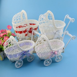 Décoration Poussette Bébé Tissée Imitation Rotin - 33x22x25 Cm, 4 Roues - Style Campagne, Baby Shower - 6