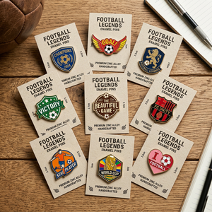Épinglette de mode de collection, estampée à chaud, imprimée, polie et brillante, avec motifs de football (but, buteur, gardien de but, maillot, chaussures, équipement) - Product Image 1