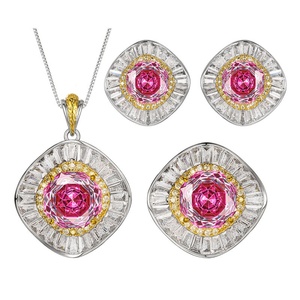 Fashion Jewelry Eco-friendly Copper Gold Plated 14-10MM Zircon Floral <b>Bridal</b> Necklace Earrings Ring Set with Pink Stones Wedding - Product Image 1
