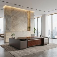 Meja Eksekutif Premium Crystal Glaze Veneer Kayu Burl E1 MDF Smart LED Power Hub Meja CEO Meja Kantor Mewah