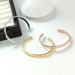 Wholesale Jewellery Rhombus Pattern TRENDY 18K Gold Plated Stainless Steel C Shaped Bracelet Adjustable Cuff Bangle