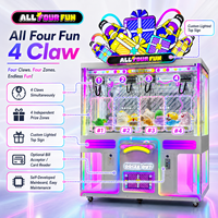Máquina recreativa Neofuns grande de 4 garras con monedero, tiras de luces LED, cuatro zonas de premios, gabinete de metal, acrílico y madera, máquina grúa.