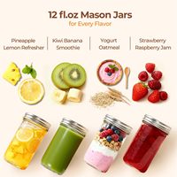 Bocaux Mason en verre à large ouverture de 12 oz avec couvercles, matériaux sans BPA, pour jus, cornichons, sauces, desserts, flocons d'avoine, portions moyennes