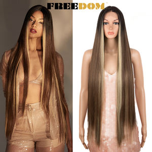 Perruques synthétiques FREEDOM pour femmes, lace front, super longues, 38 pouces, blondes, gingembre, lisses, brun moyen, perruques de cosplay - Product Image 2