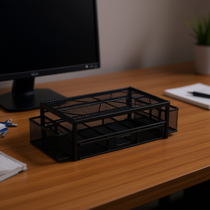 Organisateur de bureau en métal à 2 niveaux avec tiroirs et porte-stylos pour support d'écran d'ordinateur noir - Product Image 2