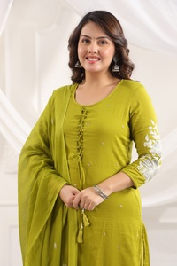 Conjunto de Kurti, Pantalón y Dupatta Rectos para Mujer, de Algodón y Seda, Bordados con Lentejuelas, Cuello Redondo, Mangas 3/4, Ropa Étnica Tradicional de Moda - Product Image 6
