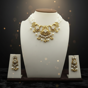 Traditional 925 <b>Silver</b> Pearl <b>Choker</b> Necklace Set with Kundan Work and Matching Earrings Antique Finish Bridal Ethnic Jewelry - Product Image 3