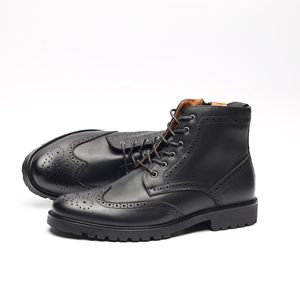Bottes pour hommes en cuir synthétique doublées polaire à la cheville, bout carré, semelle épaisse, fermeture éclair latérale en cuir véritable, style rétro, toutes saisons - Product Image 1