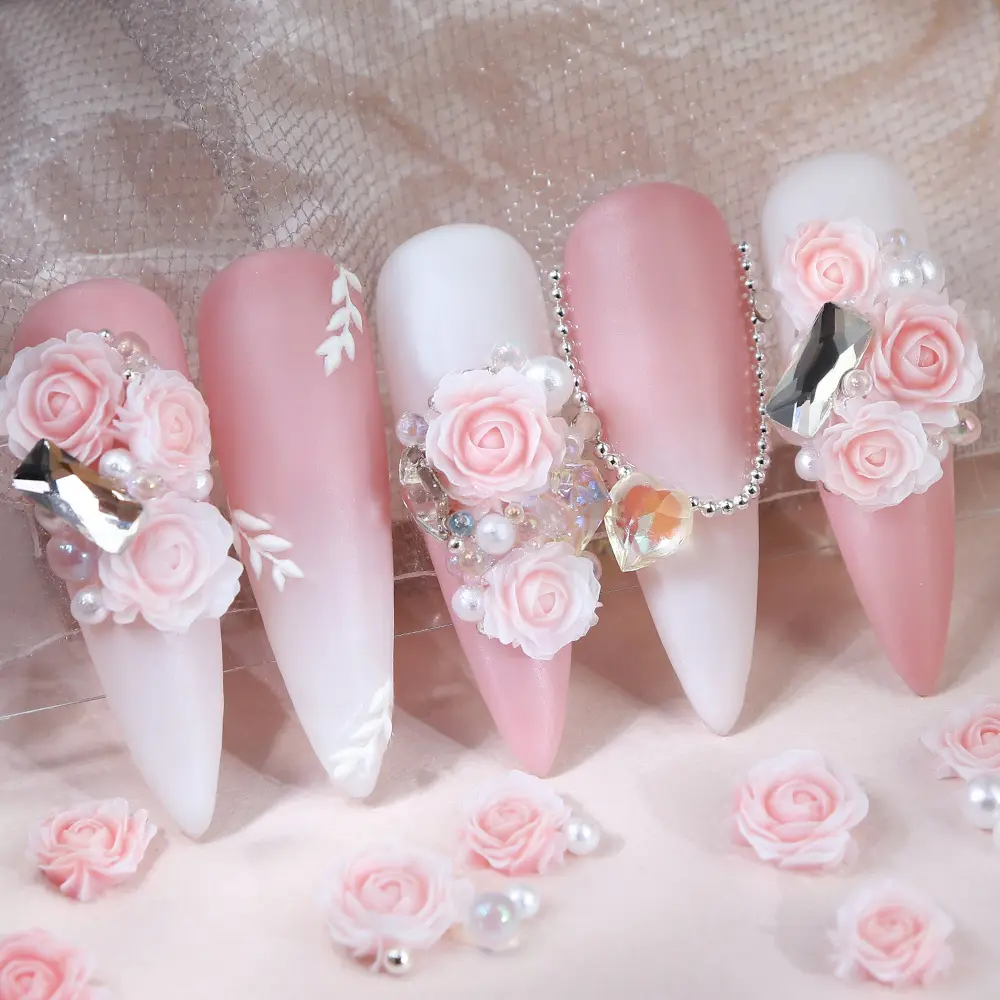 30 pezzi ciondoli di lusso con fiori di rosa verde sfumati per unghie parti di perline con strass decorazione di San Valentino accessori per unghie