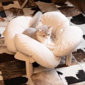 Solid wood elevated pet cat <b>bed</b>, indoor kitten lounge sofa, wooden pet cat and dog pet flower resting nest - Product Image 1